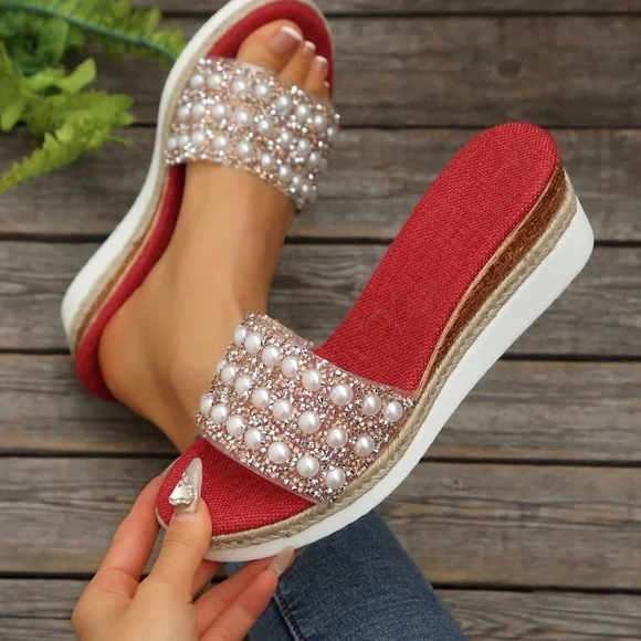 Plus Size Women Pearl & Rhinestone Wedge Sandals, Handmade, Casual Beach Wear Fo - Picture 4 of 5